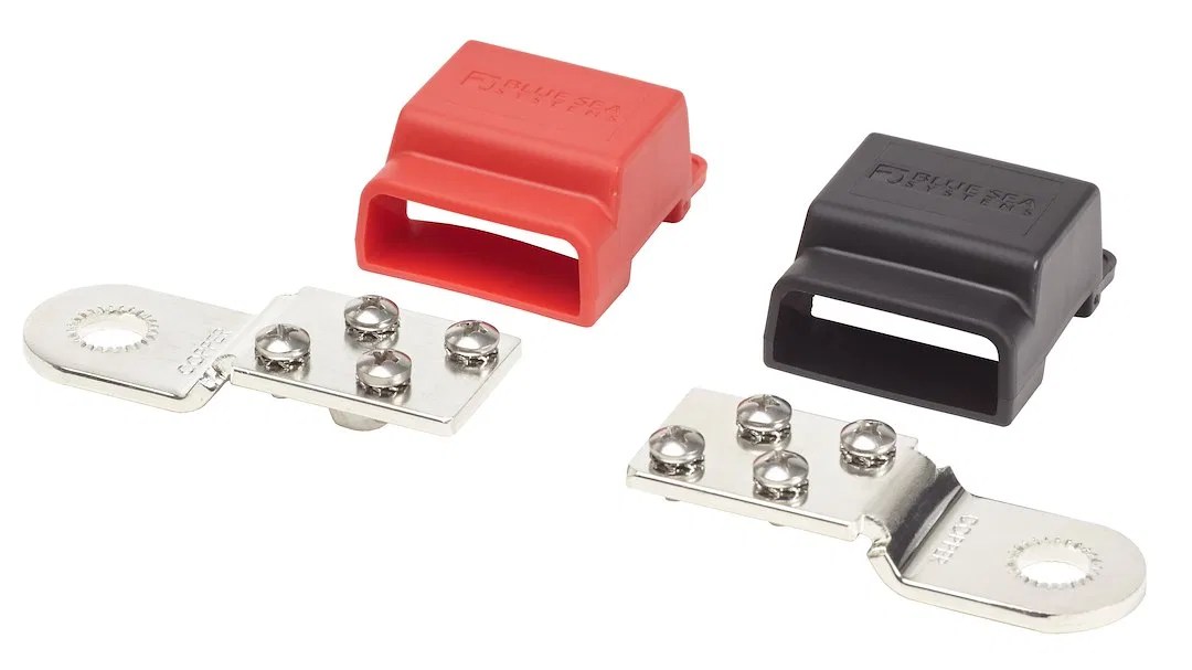 2340-BSS – BLUE SEA Busbar, Battery Terminal Mount BusBar 32 Volts 100 Amps With Insulation Cover Tin-Plated Copper B...